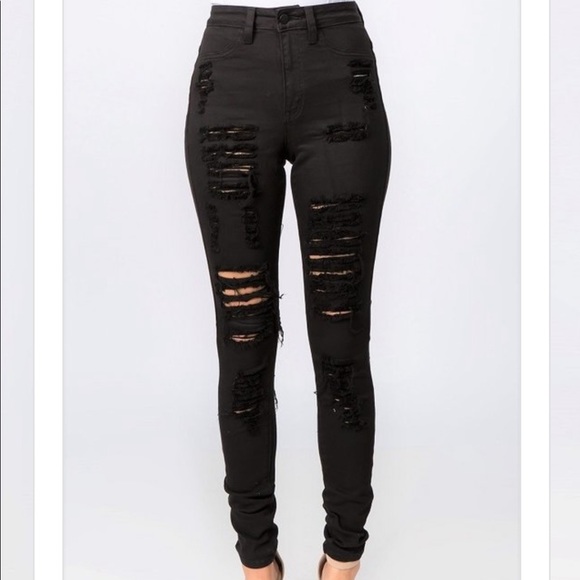 Black Denim Distressed Jeans - Picture 1 of 5